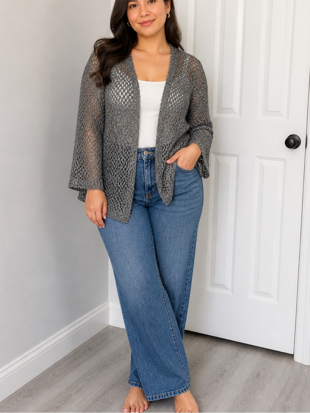 Susina Gray Crochet Bell Sleeve Open Cardigan